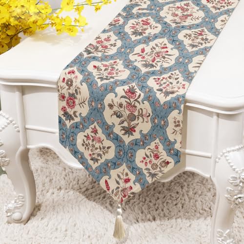 Image of COZY FURNISH Reversible Floral Dining Table Runner - Microfiber Cotton Decorative Runner with Tassels for 6 Seater Table & Bed (13x72 Inches)