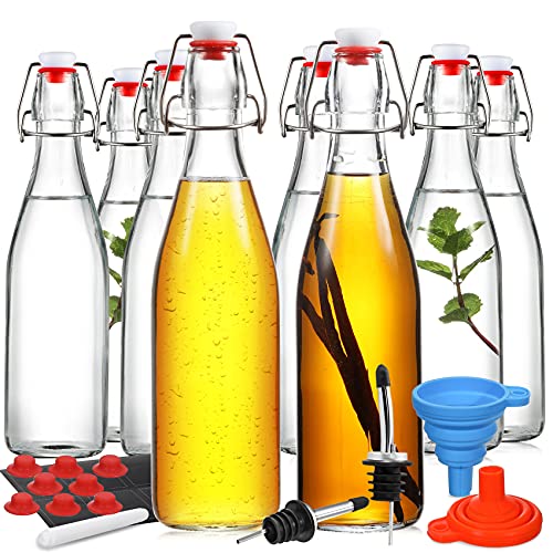 8 PACK Swing Top Glass Bottles - 16 oz Flip Top Beer Brewing Bottles for 2nd Fermentation, Kombucha, Kefir, Vanilla Extract - Display, Gift Bottles for Juice, Tea - Airtight, Bonus 2 Bottle Pourers
