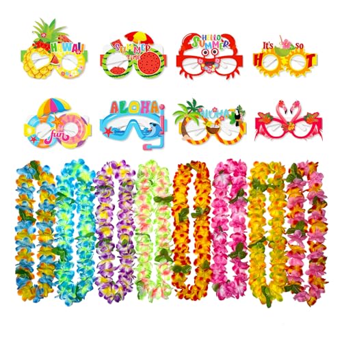 GoodUping 16pcs Hawaiian Leis Party Set with 8 Necklaces and 8 Photo Booth Glasses for Tropical Luau Summer Beach Birthday Pool Party Decorations & Favors