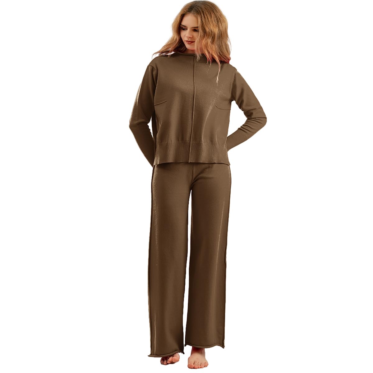 Tailleurs-Pantalons Hiver Printemps Femme Ensemble Chic et Elegant Tricoté 2 Pièces D'Intérieur Tenue Décontracté Longues Respirant et Confortable Knit Large Lounge Set