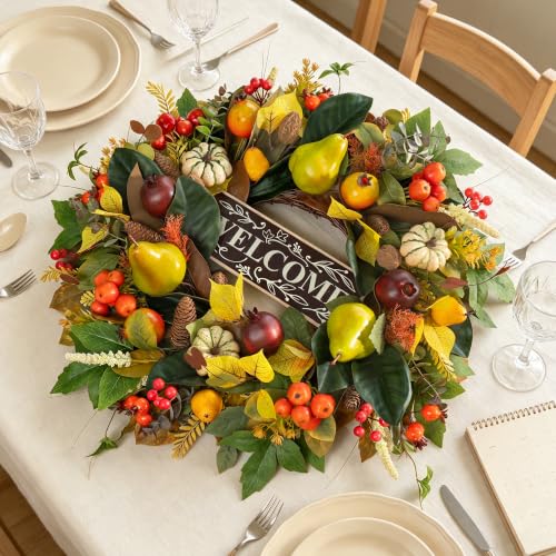 Image of 24 Inch Fall Wreaths for Front Door, Autumn Harvest Wreath with Pears