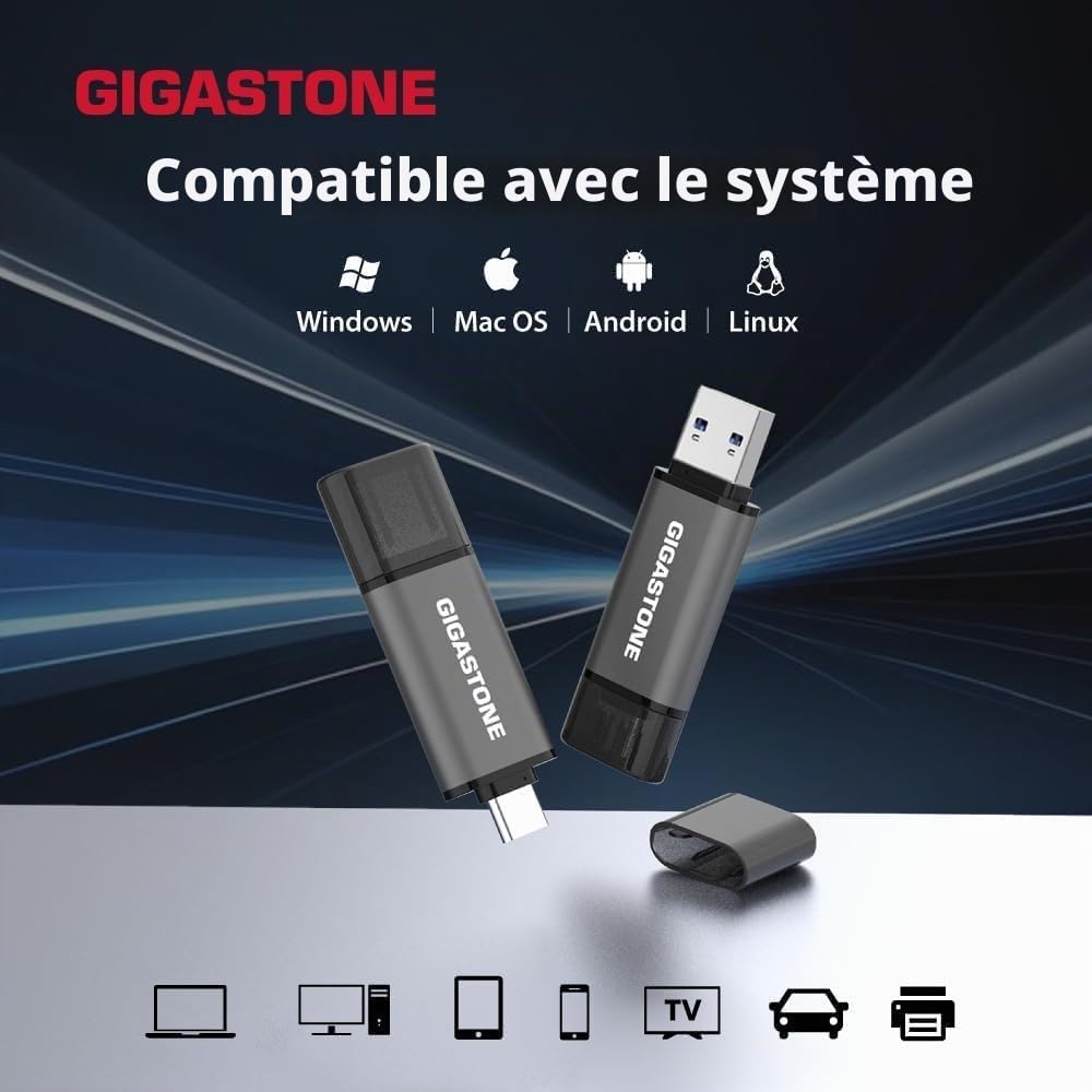 GIGASTONE 64Go Clé USB Double Flash (Lot de 5) Z40 USB 3.2 Gen 1, 2-en-1 Type-A & Type-C, 100Mo/s Ultra Rapide, Plug & Play pour Smartphone/PC/Mac/TV/Voiture, USB 2.0/3.0/3.1 Compatible