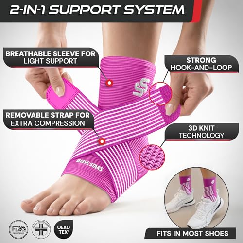 Image of Sleeve Stars Ankle Brace for Women & Men, Ankle Wrap for Sprained Ankle, Compression Sleeve for Plantar Fasciitis Relief, Easy Customizable Support: w /Removable Strap (Pair /M:10 inch-12 inch /Hot Pink)