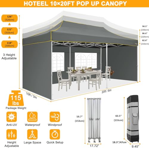 Image of HOTEEL 10x20 Heavy Duty Pop Up Canopy Tent with 4 Sidewalls, Commercial Outdoor Canopy Tents for Parties Event Wedding with Roller Bag, Waterproof & UV 50+, Upgraded Thickened Hexagonal Legs, Gray