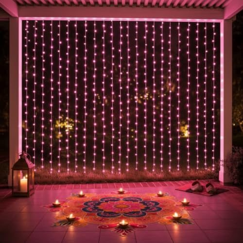 Image of MIRADH 180 LED 9.8 Feet Window Curtain String Light Wedding Party Home Garden Bedroom Outdoor Indoor Wall Decorations, Diwali Lights for Decoration (Pink Led Curtain 3M x 3M)