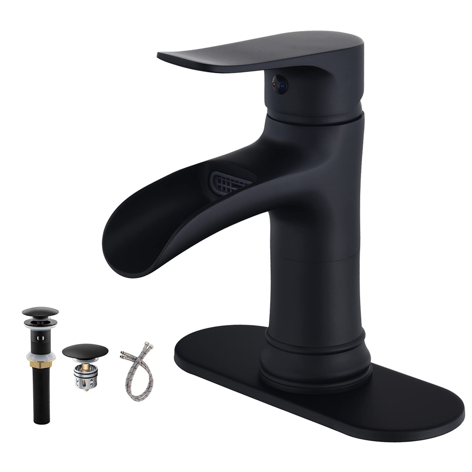 Waterfall Bathroom Faucet Matte Black Single Hole One Handle for Vessel Sink with Brass Pop Up Drain by Yodel Faucet