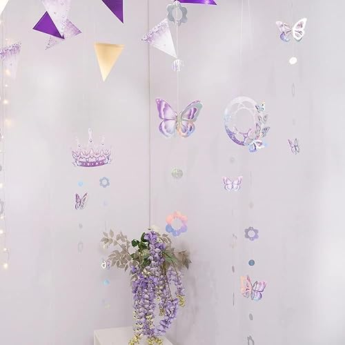 Miniatura 7 de Cheerland Decoraciones de mariposa iridiscente para cumpleaños, guirnalda de princesa de hada, flor de lavanda y decoración púrpura holográfica para