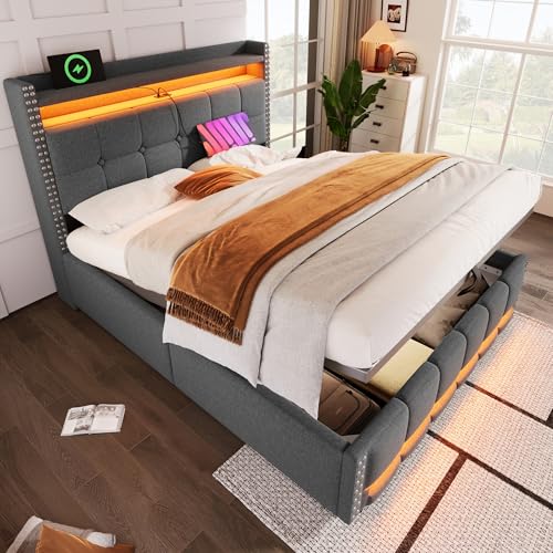 Pawom - Cama acolchada (160 x 200 cm, con iluminación LED, toma USB, cabecera con estantes, cama con baúl hidráulico con 4 cajones, cama doble, color gris