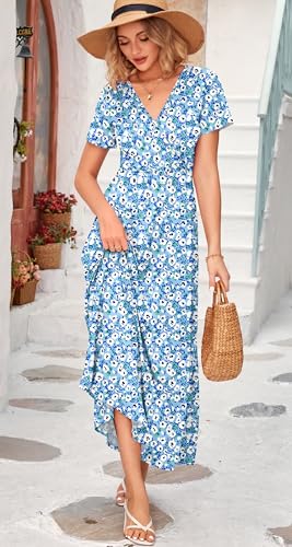 Image of WNEEDU Women's Summer Maxi Dress Short Sleeves Wrap V Neck Long Dresses with Pockets
