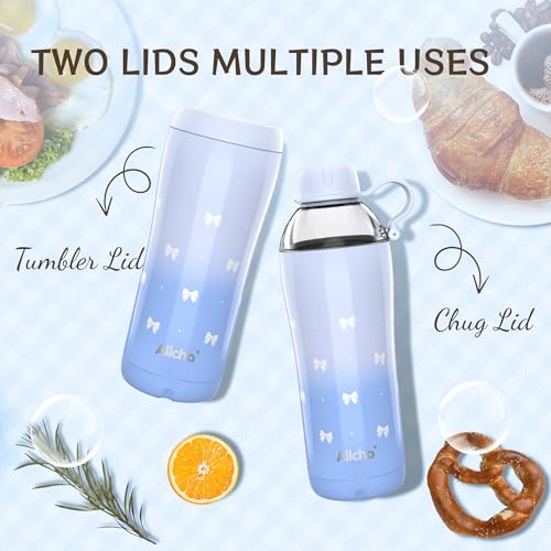 Image of Bow Insulated Water Bottle for Women, 18 oz Stainless Steel Water Bottles, Double Walled, 2 Lids (Chug & Tumbler) - Hydrate & Caffeinate, Available Gift Wrapping