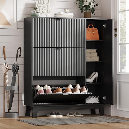 Image of Shoe Cabinet Storage for Entryway with 3 Flip Drawers & Side Cabinet, Fluted Narrow Shoe Organizer with Wooden Leg, Freestanding Shoe Storage Hidden Shoe Rack Organizer for Front Door Entrance, Black