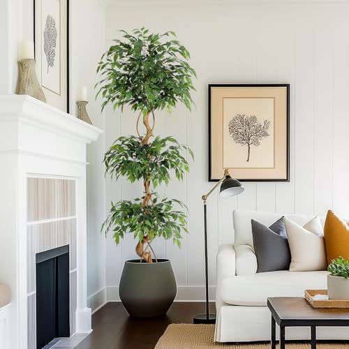GarveeHome Ficus Artificial Tree with Curved Trunk,6 Feet Faux Plant Fake Silk Trees with White Pot, Fake Ficus Tree for Home Decor, Artificial Plants Indoor for Office Living Room