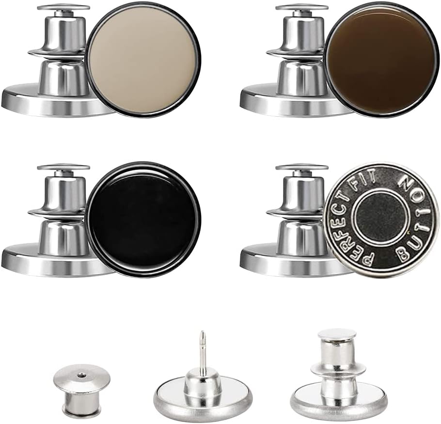 Jean Buttons Replacement No Sew Needed, 8 pcs Perfect Fit Instant Button to Extend or Reduce 1" to Denim Pants Corduroy Skirt Skinny Jeans Jeggings, Easy Clip Snap Tack Metal Button in 4 Designs