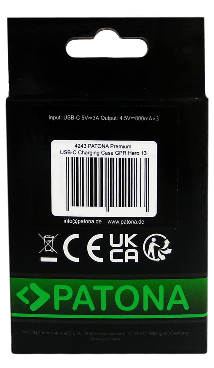 PATONA Premium Caricatore 3in1 Caricabatteria per GoPro Hero 13, AEBAT-201 | Ricarica Simultanea di 3 Batterie | Con Indicatore di Carica e Chiusura a Scatto | Compatto e Leggero | Cavo USB-C