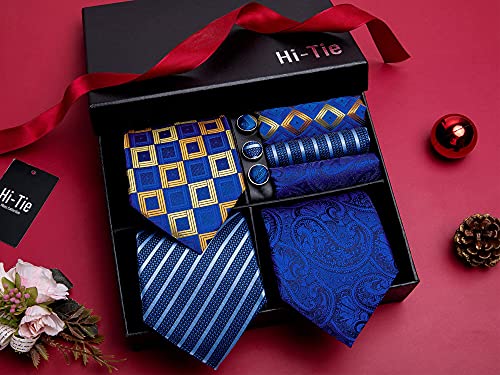 Image of Hi-Tie 3 Pcs Gift Box Mens Tie Set Necktie with Pocket Square Cufflinks Lapel Pin Silk Neck Tie Collection