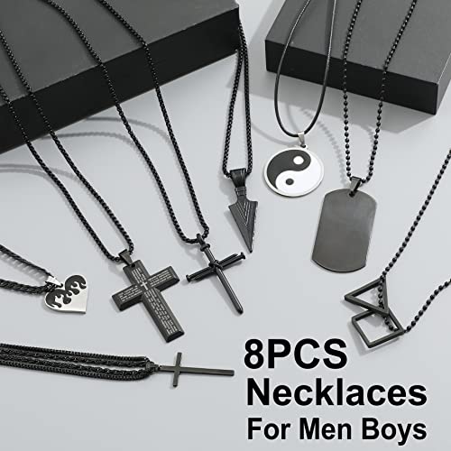 Faxhion 8Pcs Black Pendant Necklace For Men Boy Jewelry, Stainless Steel Chain Cross Necklace, Cool Punk Men's Necklaces Set Jewelry For Gifts, 16-24 Inches Chain #TOP1