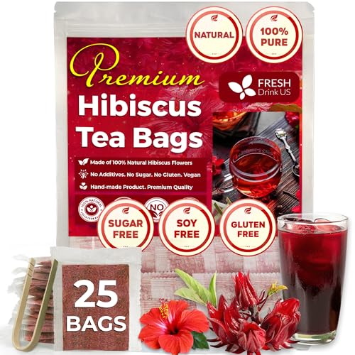 Image of FreshDrinkUS, Premium 25 Hibiscus Flowers Tea Bags, 100% Natural & Pure from Hibiscus Flowers. Loose Flower Hibiscus Herbal Tea. No Sugar, No Caffeine, No Gluten, Vegan.