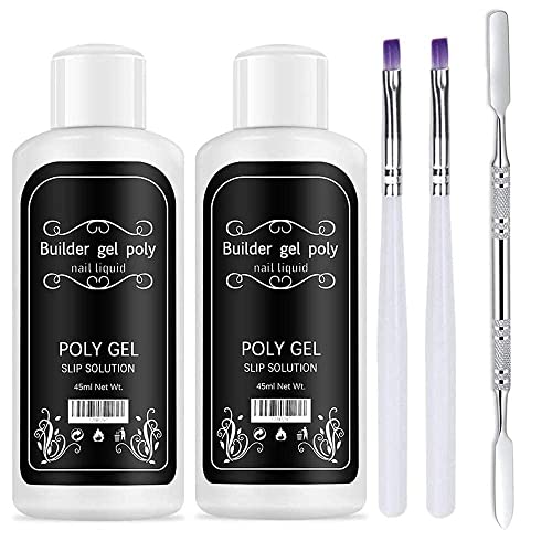 2 Pack Nail Extension Slip Solution, Quick Poly Gel Solution Nail Gel with 2 Pcs Brush for DIY Nail Art, Anti-stick Nail Liquid Slip Solution