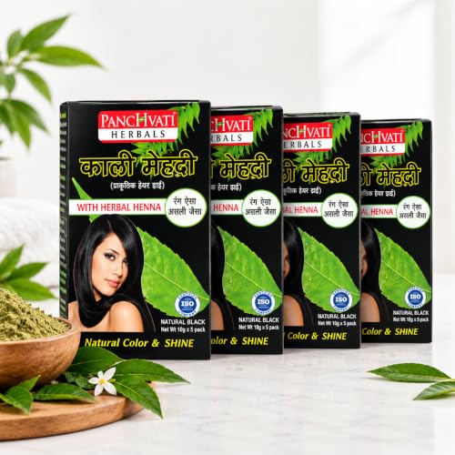 Image of Panchvati Herbals Ayurvedic Mehandi with Herbal Henna ,200g (Pack of 4) 10g each - Black