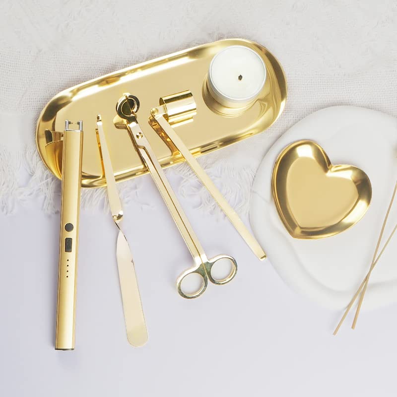 6 in 1 Candle Wick Trimmer Cutter,Candle Lighter Rechargeable, Candle Snuffer Extinguisher, Candle Wick Dipper, Candle Care Kit?Candle Accessory Set with Storage Tray Plate for Candle Lover (Gold-02)