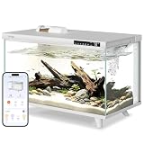 Jengu M1 5 Gallon Aquarium Starter Kit, App Control Smart Fish Tank with Filter, Auto Feeder, Quiet Pump, Timer Light, Temp Display, Crystal-Clear Glass Desktop Betta Tank for Guppy Shrimp, White