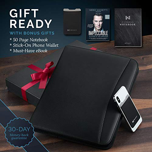Nero Manetti- Zippered Vegan Leather Padfolio/Portfolio Pad Holder-Business Pu Leather Notepad Folder For Resumes, Interviews, Ipad/Tablet, Phone, Legal Pad Notebook Executive Binder For Women, Men #TOP1