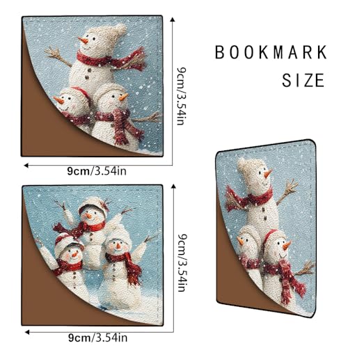 Image of 2Pcs Cute Snowman Family Corner Bookmarks, Handmade PU Leather Page Markers, Vintage Winter Art Stationery Gift for Kids, Teachers, Book Lovers, Aesthetic Reading Accessories 3.54 inch
