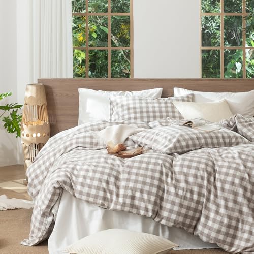 Image of MooMee Gingham Duvet Cover Set 100% Washed Cotton Linen Like Textured Breathable Durable Soft Comfy Modern Checkered Design (Buffalo Plaid Tannish Linen Grey, Palatial King /Oversized King 120 inchx98 inch)