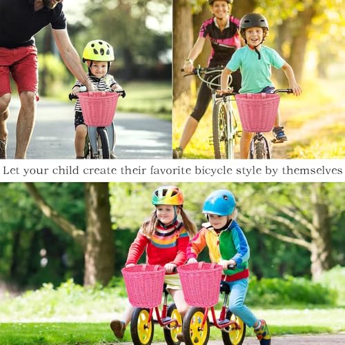 Fahrradkorb Kinder, Fahrradkorb Geflochten für Mädchen und Kinder Vorne, Fahrrad Korb Weidenkorb Vorne mit mit Lederriemen Luftschlangen Fahrradklingel Aufkleber, Mädchen Fahrrad Korb Zubehör