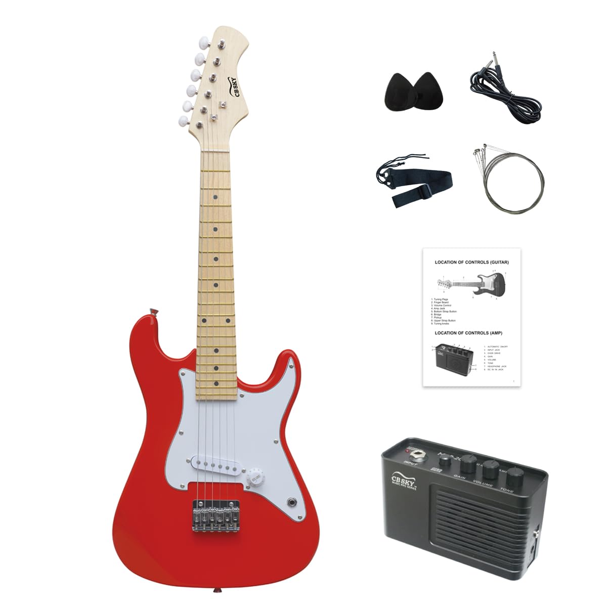 CB SKY 30 Inch Kids Electric Guitar Beginner Kit, Junior 1/4 Size Mini Electric Guitar for Children with 2W Amplifier, Beautiful Guitar Gifts (Red)