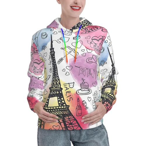 Sweat à capuche femme imprimé Tour Eiffel coton premium EdWal à poche de marque