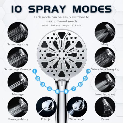 Razime 10\'\'Rainfall Shower Head with Handheld Combo High Pressure 8+2 MODE built-in power wash, Stainless Steel Chrome Showerhead with 11\'\' Extension Arm Height/Angle Adjustable with Holder&60\"Hose