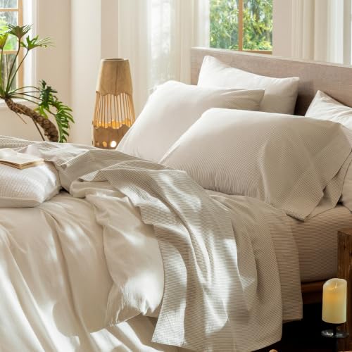 Image of MooMee Striped Sheet Set 100% Washed Cotton Linen Like King