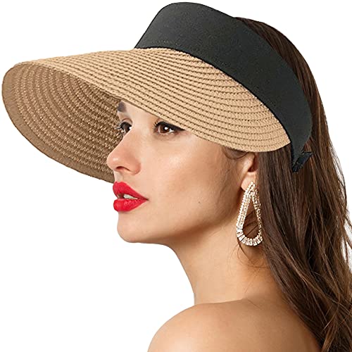 T WILKER Straw Beach Hat for Women Sun Visor Hats Summer Wide Brim Roll-up Foldable Cap (New-Khaki)