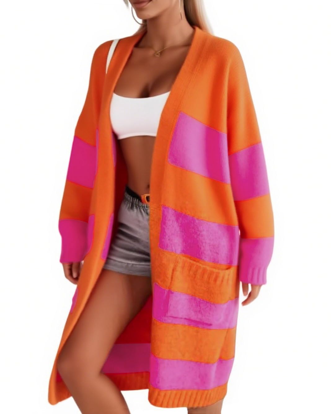 chouyatou Women's Trendy Striped Knit Cardigan Color Block Open Front Mid Long Sweater Jacket Coat-picture-54