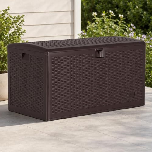 Doppeltcharms 73 Gallon Lockable Outdoor Storage Bench Box, Waterproof & UV Resistant Patio Deck Container for Cushions, Pool Supplies & Yard Toys
