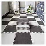 Alfombras de espuma entrelazadas esponjosas – Alfombra de felpa suave para sala de juegos – 16 alfombrillas azul marino (gris + blanco)