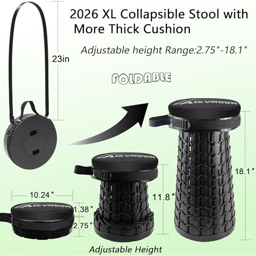 Image of ALEVMOOM Collapsible Stool with Thick Cushion, H 18.1 inch D 10.24 inch Portable Telescoping More Sturdy Load Capacity 600Lbs, Retractable Adjustable Camping Folding Stool for Outdoor Hiking BBQ Climb