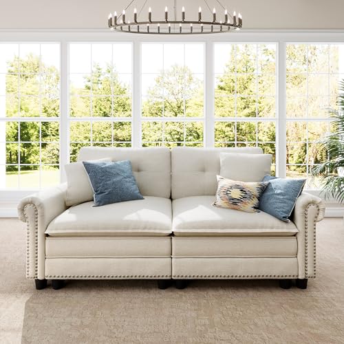 Image of SUNSHINE VALLEY 73.2 inch Modular Loveseat Cloud Couch Rolled Arms & Deep Seats | Mid-Century Modern 2-Seater Loveseat, Beige, Nailhead Trim, Wider & Deeper Seats, Soft Linen Sofa for Living Room Bedroom