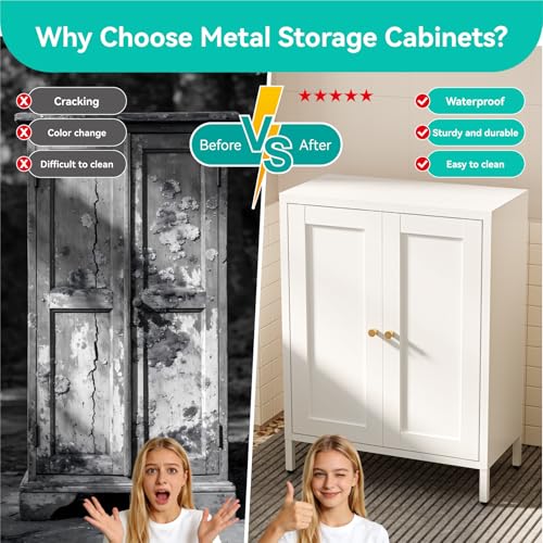 Image of Small Metal Storage Cabinet,23.6 Inch Wide 11.8 Inch Deep,Bathroom Cabinet with Adjustable Shelves,3-Tier 31.5 inch Tall Shaker Cabinet for Kitchen Entryway Living Room,White
