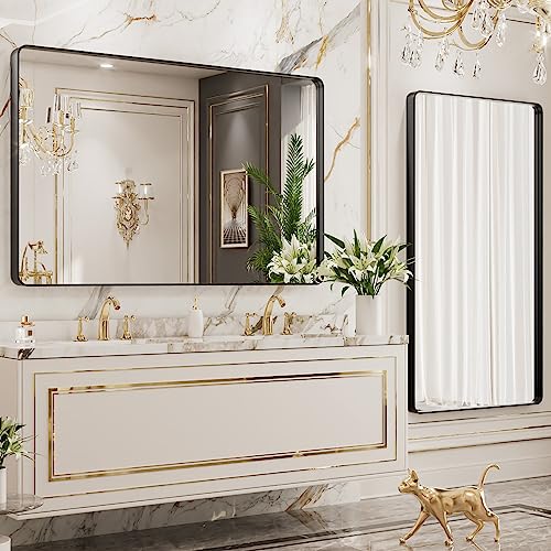 LOAAO 40x24 Inch Black Metal Framed Bathroom Mirror for Wall, Matte Black Bathroom Vanity Mirror Farmhouse, Large Rounded Rectangle Mirror, Anti-Rust, Hangs Horizontally or Vertically