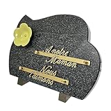 Plaque funéraire en granit gris foncé 17 x 25 cm sur pieds avec fleur en céramique couleur anis et 2 emplacements d’inters