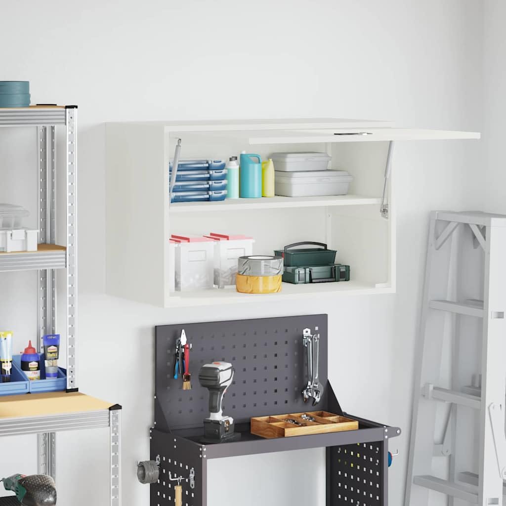 Armario de pared para garaje con puerta de elevación a gas de acero recubierto de polvo blanco, 40 x 80 x 53 cm, con cerradura para colgar en la pared, con espacio de almacenamiento y