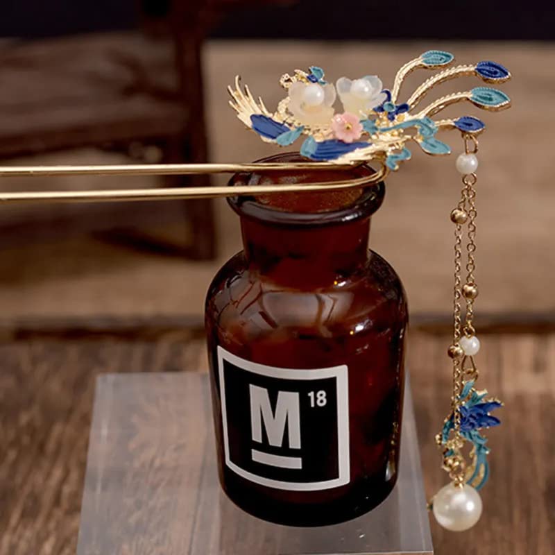 Miniatura 4 de Rabithenn Borlas azules tostadas de perlas, estilo Hanfu chino y estilo de mariposa retro con clip de pelo de metal hecho a mano, accesorios para el