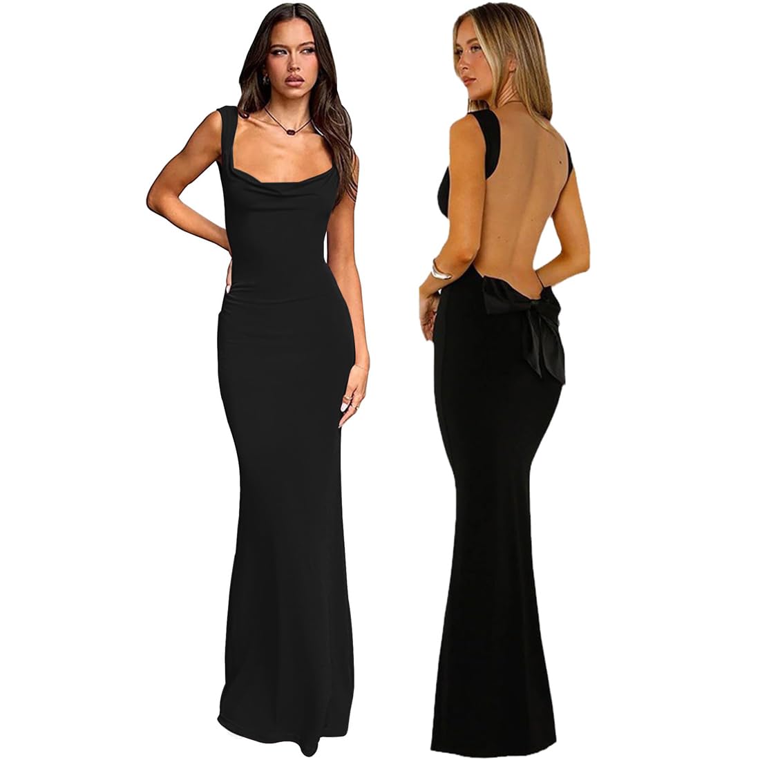 Vestito Lungo Donna Sexy Maxi Abito Senza Schienale Aderente Vestito da Cerimonia Senza Maniche con Fiocco Vestiti Estate Tinta Unita Bodycon Abito da Sera per Party Cocktail Festa Discoteca