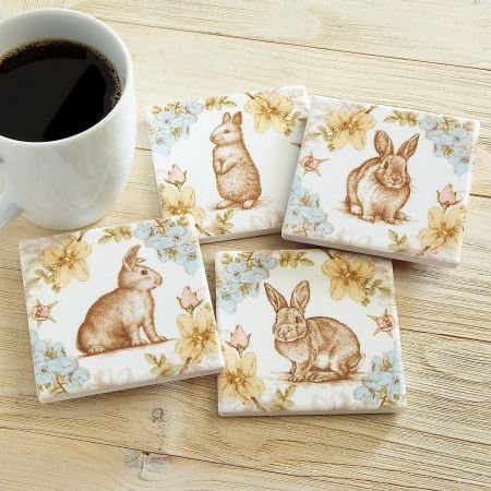Rabbits and Flower Ceramic Coasters- 3-3/4" Square, 4 designs (1 of each).