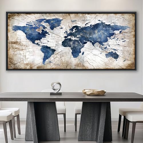 Image of World Map Canvas Wall Art Navy World Maps for Wall Vintage Modern Wall Art for Office Framed Pictures for Living Room Bedroom Wall Decoration for Home Office Decor Artwork for Walls