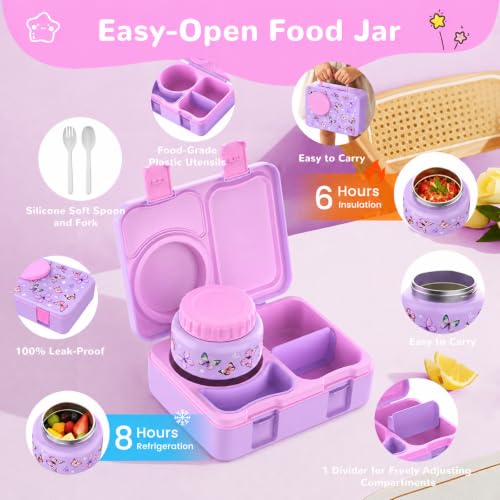 Image of Bento Box for Kids, Leakproof Kids Lunch Box with 8.5OZ Thermo Food Jar & Lunch Bag, 3-4 Compartments Toddler Insulated Lunch Box for Girls, BPA Free Lunch Containers for School Daycare
