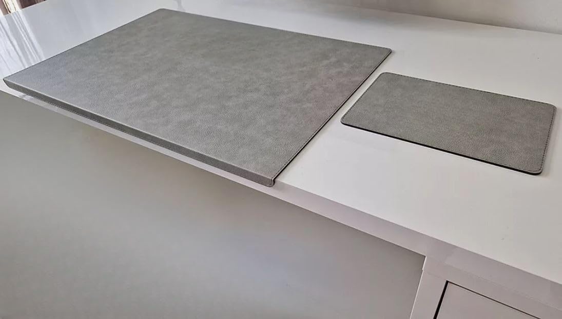 PM Gewinkelte Schreibtischunterlage mit Kantenschutz Just Leder inkl Mauspad in 3 Grössen und in 7 Farben (Grau, 60cm x 38cm)