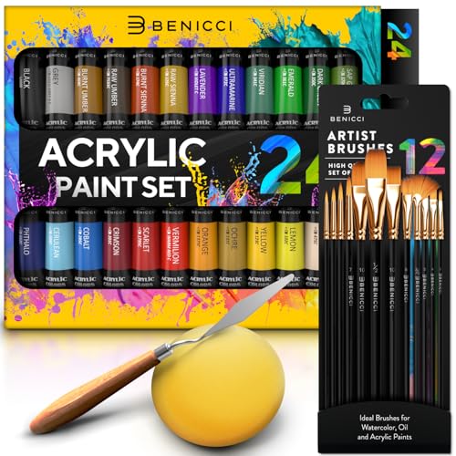 Complete Acrylic Paint Set – 24х Rich Pigment Colors – 12x Art Brushes with Bonus Paint Art Knife & Sponge – for Painting Canvas, Clay, Ceramic & Crafts, Non-Toxic & Quick Dry – for Kids & Adults - Thumbnail 5